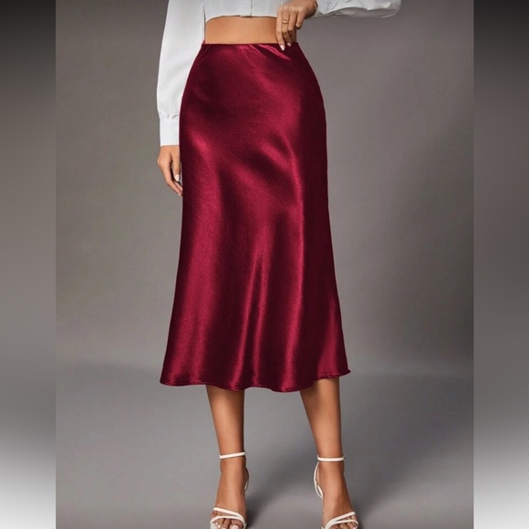 Elegant Burgundy Satin Midi Skirt